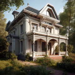 Fototapeta premium Elegant Russian-style wooden house with intricate carved detailing, a covered veranda, and a second-floor balcony, surrounded by lush greenery and a peaceful garden path.