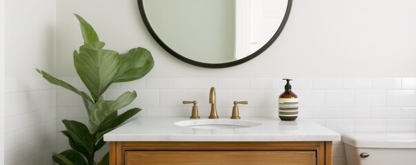 Old-world charm bathroom with a circular mirror above a repurposed vintage dresser vanity
