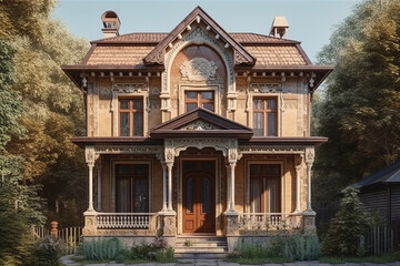 Ornate Russian-style wooden mansion featuring intricate carved details, decorative trim, and arched windows, set in a lush, forested landscape with a nostalgic, historic atmosphere.