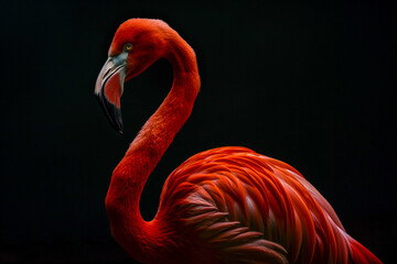 Fototapeta premium Elegant Flamingo Portrait in Dark Light. Generative AI