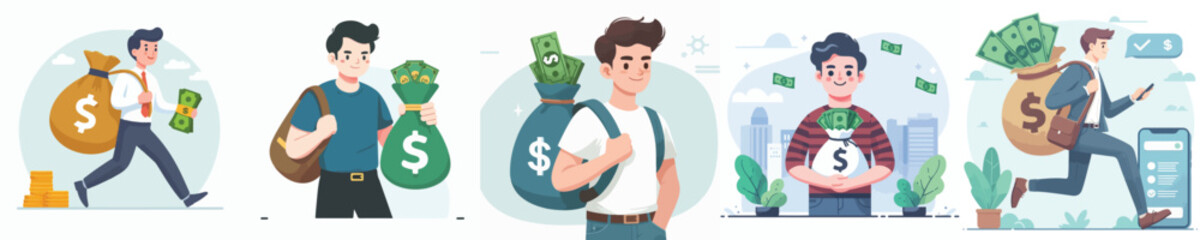 vector young man holding money bag