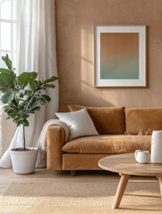Modern minimalist living room with soft brown sofa natural wooden coffee table large potted plant and abstract artwork