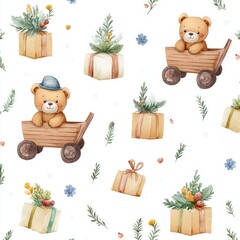 Watercolor seamless pattern of cute teddy bears with hats pulling carts of gifts and plants cheerful spring design for nursery textile and wallpaper
