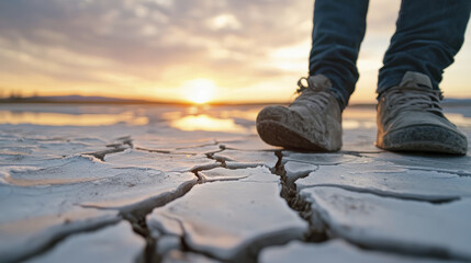 Dry cracked earth underfoot at sunset, showcasing environmental change