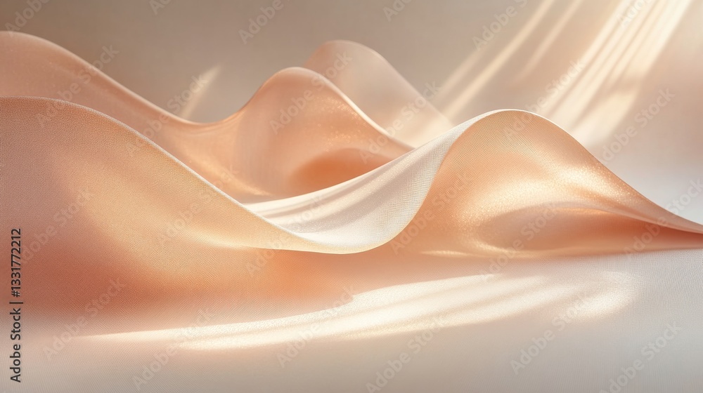 Poster flowing translucent fabric folds and light rays creating an aesthetic scene
