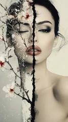 A striking artwork showcases a woman's visage split into two halves, one side adorned with blossoms while the other reflects a snowy landscape, capturing the contrast of seasons