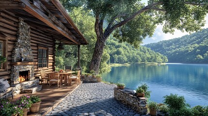 A Cozy Log Cabin Beside a Beautiful Lake on a Sunny Day