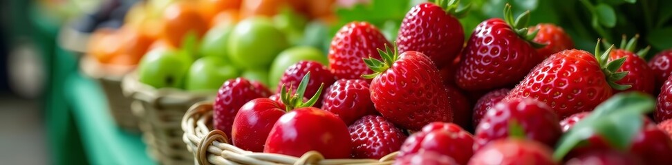 Close-up of ripe berries and leafy greens at a farmers' market, organic, lifestyle