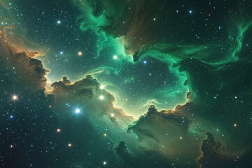 Vibrant Night Sky with Emerald Nebula and Shimmering Stars