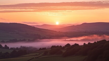Fototapeta premium Vibrant sunrise over a stunning mountain range with mist rolling through the valleys.
