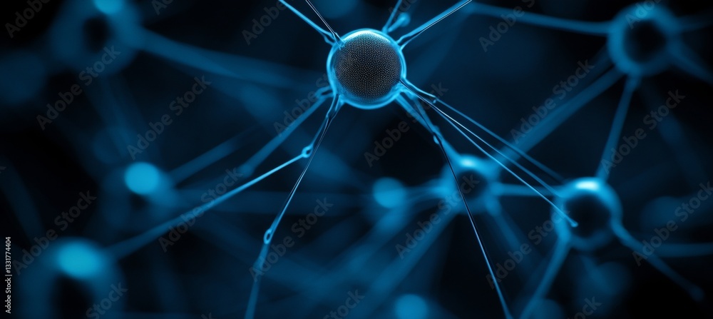 Poster blue network of interconnected nodes and glowing lines on a dark background representing neurons