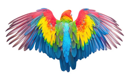 Obraz premium Colorful macaw parrot with spread wings, rainbow tropical bird illustration PNG isolated on white for design and branding