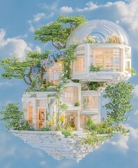 Floating Dream House Surrounded by Lush Greenery and Bright Blue Sky