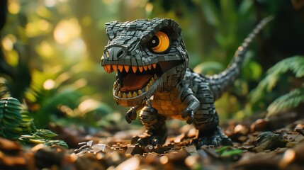 Obraz premium A highly detailed dinosaur figure stands prominently on a forest floor covered with leaves and stones