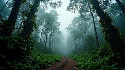 Dense laurel forests shrouded in morning mist, their twisted branches reaching skyward. The cloudy sky diffuses soft light, creating a mystical autumn atmosphere.