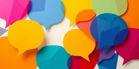 Colorful geometric speech bubbles overlap, symbolizing communication and discussion, discussion, vector
