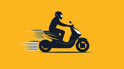 Fototapeta premium A person rides a black scooter swiftly through a bright yellow backdrop, emphasizing motion and energy. The figure is dressed in a helmet and takes on a confident pose