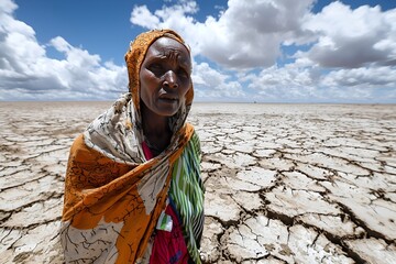 Fototapeta premium African woman in traditional colorful clothes stands on cracked and dry landscape under blue sky