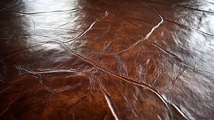 Close-up of a textured brown leather surface with visible cracks and natural patterns creating an abstract visual effect