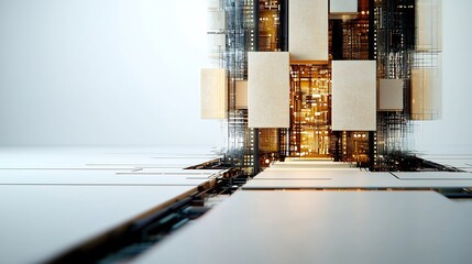 Abstract architectural composition of interlocking cubes, showcasing complex structure with geometric shapes and glowing interiors.