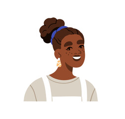 Happy African-American girl avatar. Young black woman smiling, portrait. Female character with freckles, puff hair bun hairstyle, earrings. Flat vector illustration isolated on white background