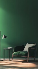 Emerald green living room with a reading chair