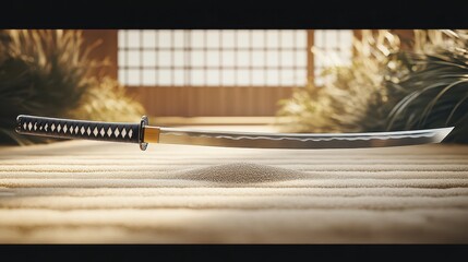 A beautifully crafted katana is placed delicately on a mound of sand within a tranquil indoor space, surrounded by soft lighting and natural elements, evoking a sense of calm