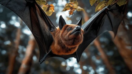 Obraz premium Flying through twilight, a unique creature captivates with its curious gaze amidst the rustling leaves of dusk Generative AI