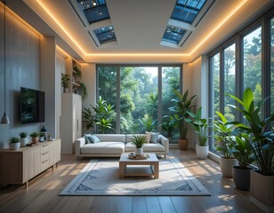 Fototapeta premium Modern Living Room with Large Windows and Lush Plants