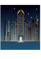 Vector background with night city illuminated, cityscape modern buildings, high skyscrapers