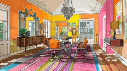 Vibrant Mid-Century Modern Dining Room with Bold Colors