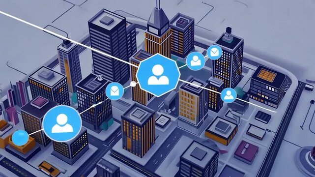 Smart City Network: A futuristic isometric illustration of a connected urban landscape, showcasing advanced technology and communication infrastructure.