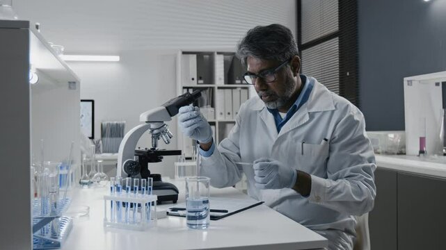 Side shot of senior Indian scientist analysing specimen on glass and making notes in documents while working at table with multiple test tubes in modern drug development laboratory
