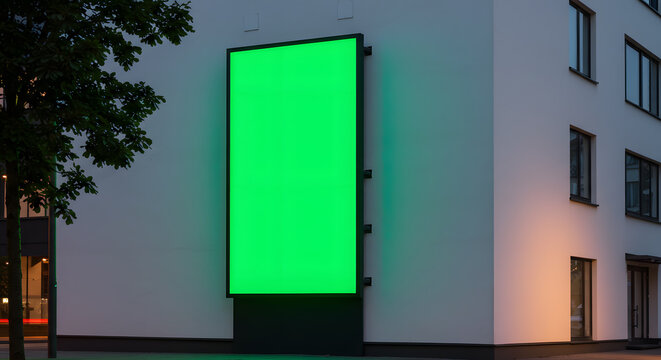 Illuminated Green Screen Billboard on Modern Building Facade at Dusk