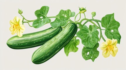 Two fresh cucumbers on the vine with blossoms. Illustrates healthy growth and harvest.