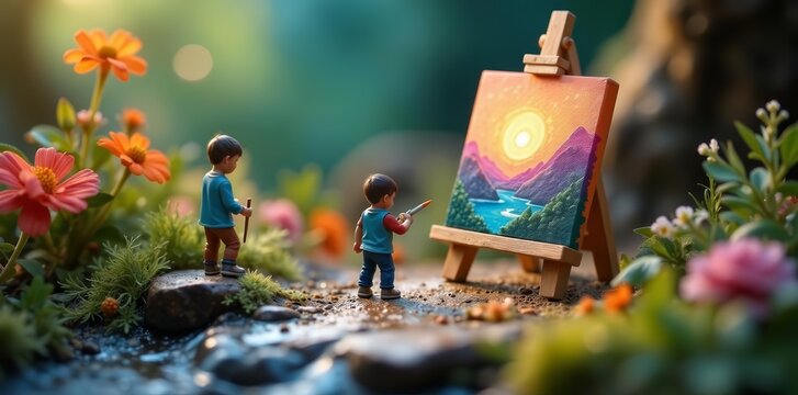Miniature world with tiny painters creating beautiful art on jelly canvas, miniature, artists