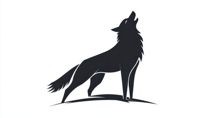 Fototapeta premium A black silhouette of a wolf howling, positioned on a gentle hill under a vast white background. The wolf's fur is depicted with flowing lines, capturing its grace