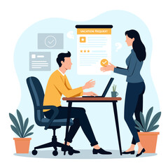 Office worker requesting vacation from manager, approval process