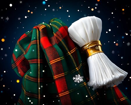 Decorative napkin arrangement with plaid pattern and gold ring accessory