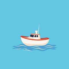 Naklejka premium Stylized boat floating on blue waves, serene minimalism