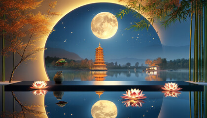 Mid-Autumn product display background podium, Harvest Moon Reflection, lake, full moon reflecting, moonlit pagoda, lotus, bamboo, serene moonlight, ad podium platform, product presentation space