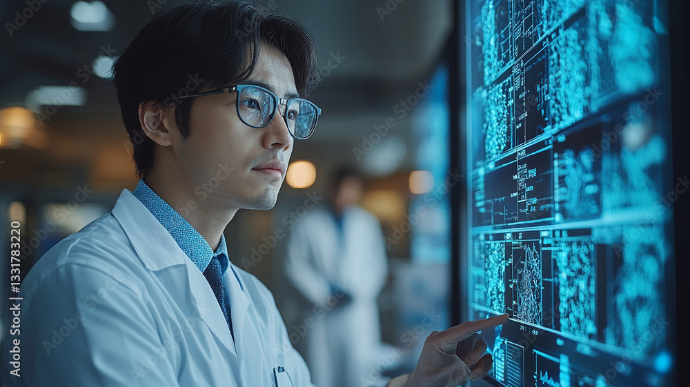 Poster scientist analyzing complex data on large interactive screen