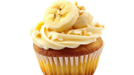 Delightful banana cupcake topped with creamy frosting and sliced bananas, perfect for dessert lovers seeking sweet indulgence