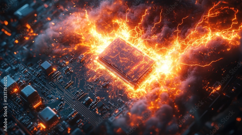 Aufkleber flaming cpu overload, circuit board, data center, high-performance computing