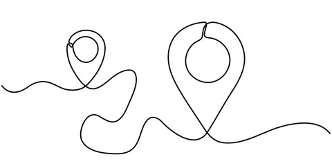 One continuous line art drawing of Location and path pointers vector illustration, continuous one line google map point route directions and location outline vector art illustration, Location Single. 