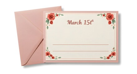 Greeting card with floral design and envelope for March 15th.