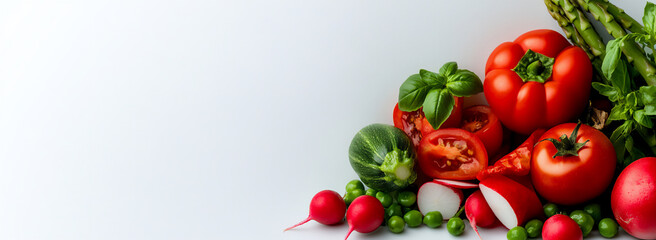 white background with green vegetables and cherry tomatoes, asparagus,