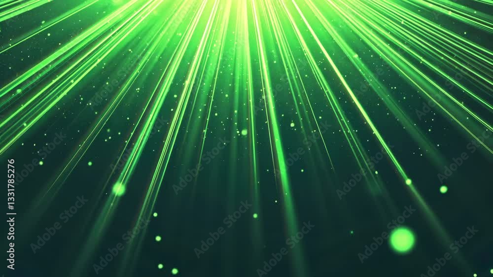 Poster vibrant display of green light beams radiating outward with glowing particles creating dynamic and f