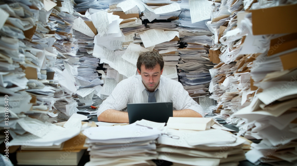 Poster managing overwhelming paperwork in a cluttered office environment while working on a laptop