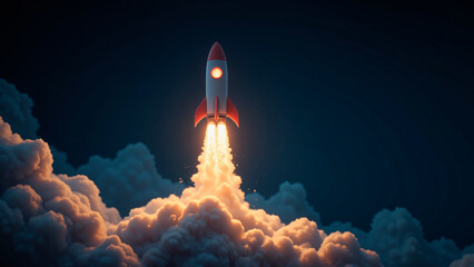 Rocket launching into the sky with clouds